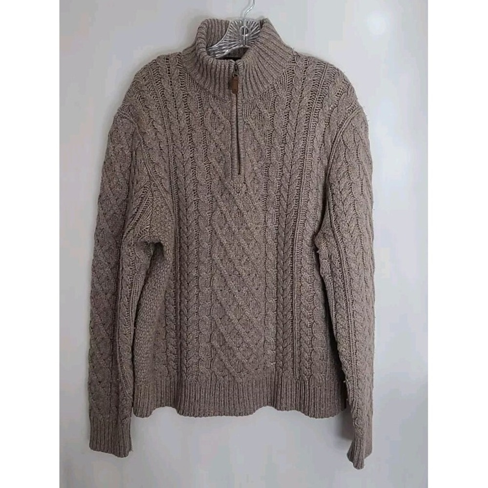 JOSEPH TURNER Mens  1/4 Zip Neck Fisherman Knit Sweater Large Cool Tan Lambswool